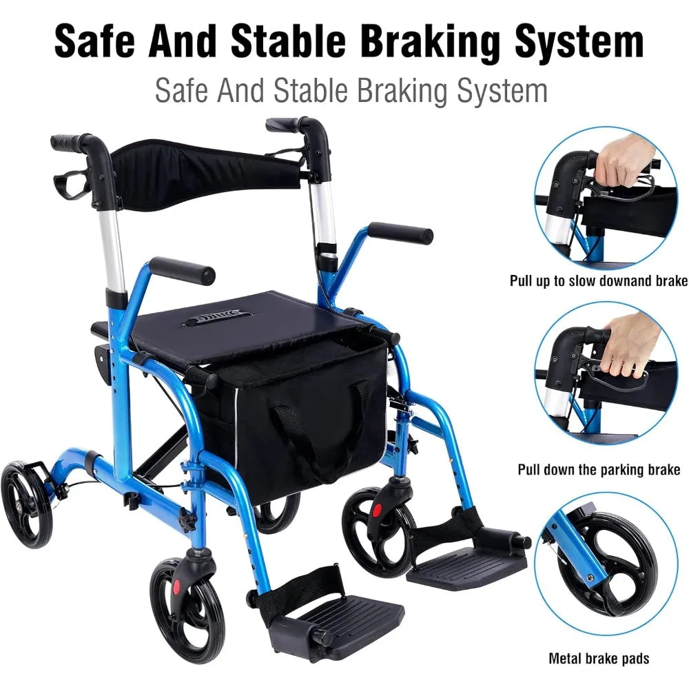 2 in 1 Rollator Walkers for Seniors with Padded Seat- Medical Transport Chair Walker with Adjustable Handle